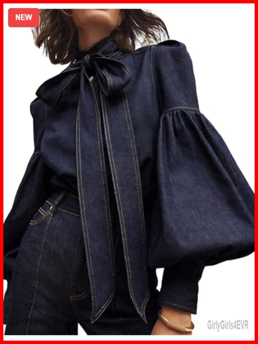 Womens Denim Blouse Pullover Bow Embellished Long Puff Sleeve Vintage Button Top